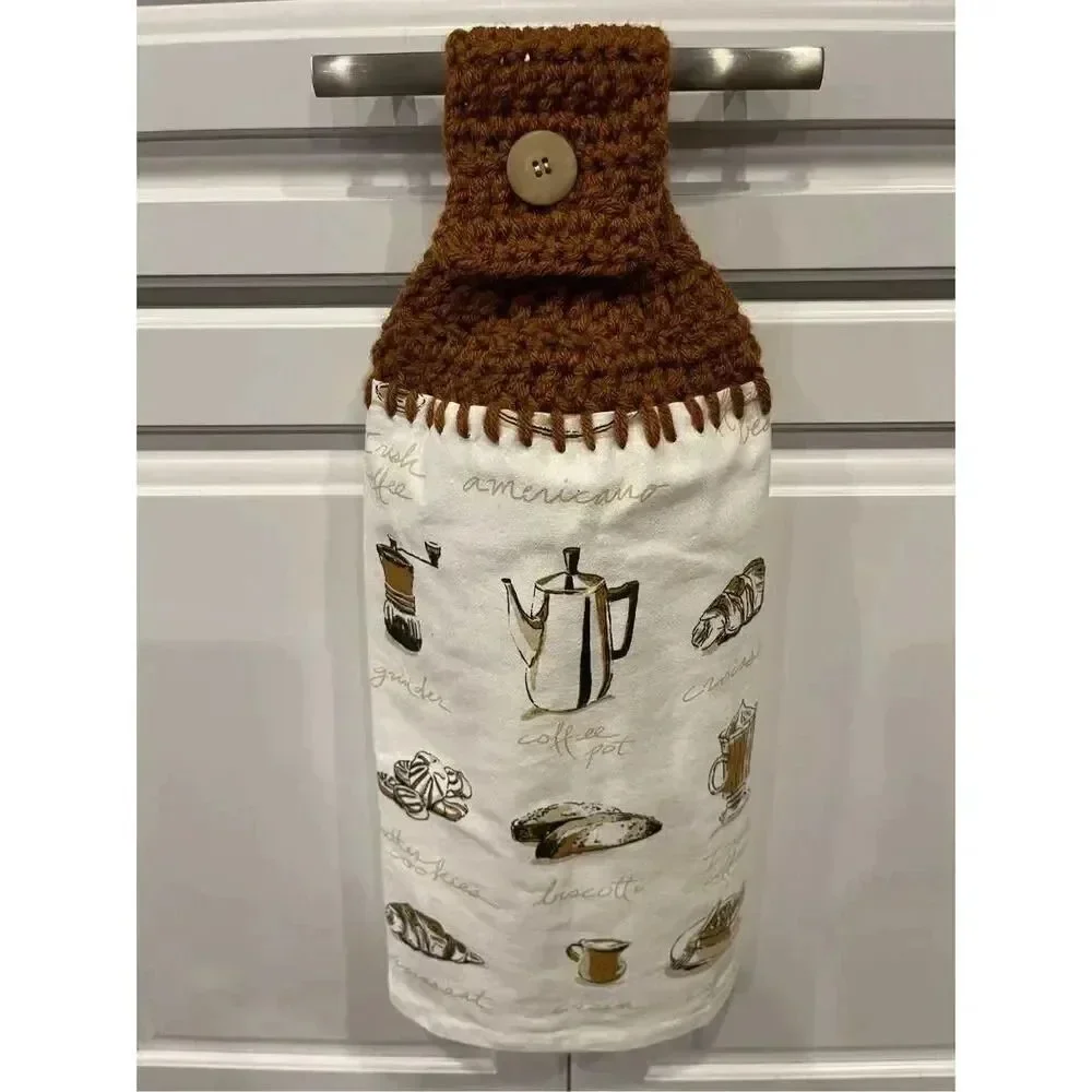 Crochet Top Kitchen Towel- Coffee Themed brown topper